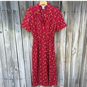 Talbots Vintage Floral Button Front Midi Shirt Dress Red 6